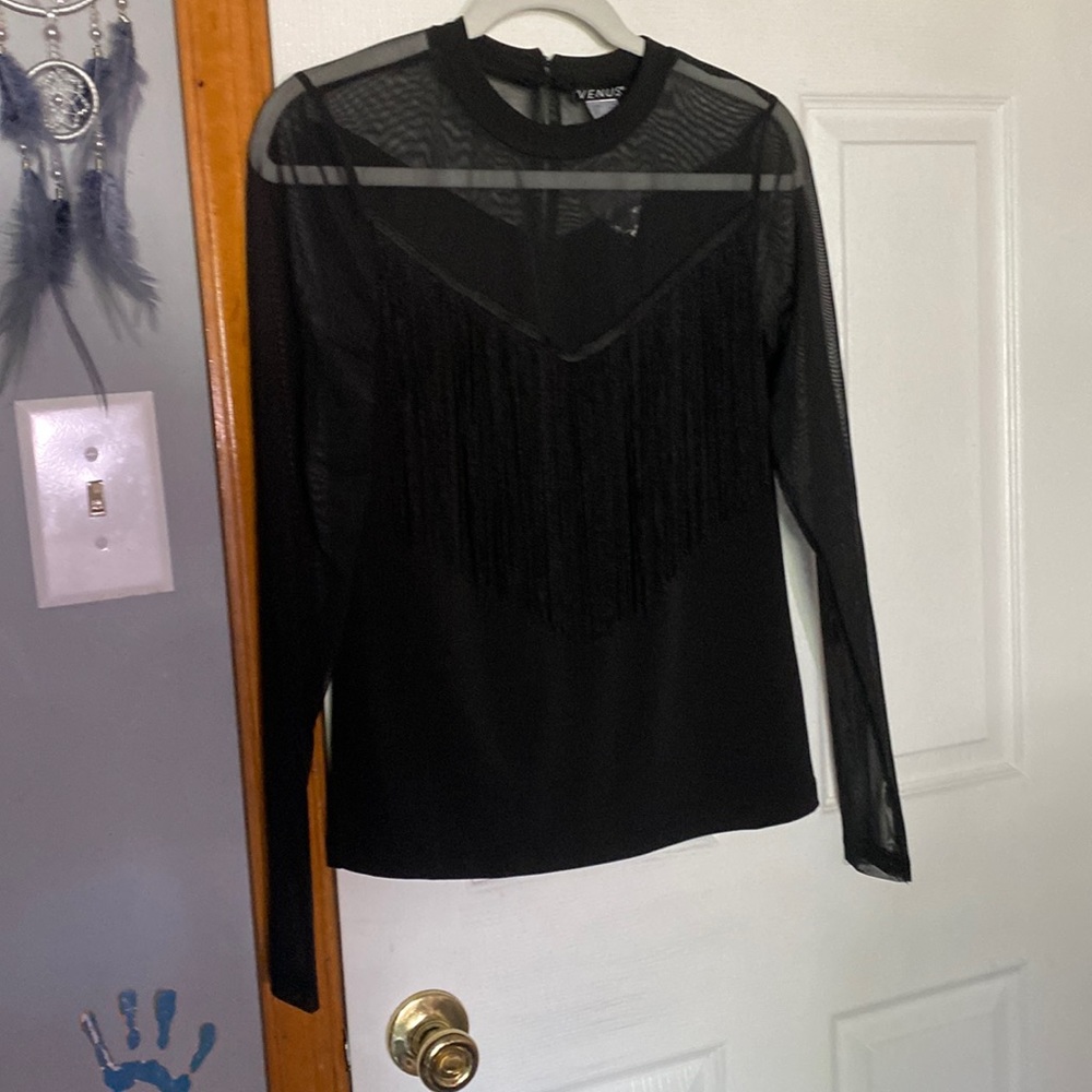 Venus Fringe Front Mesh Sleeved Top